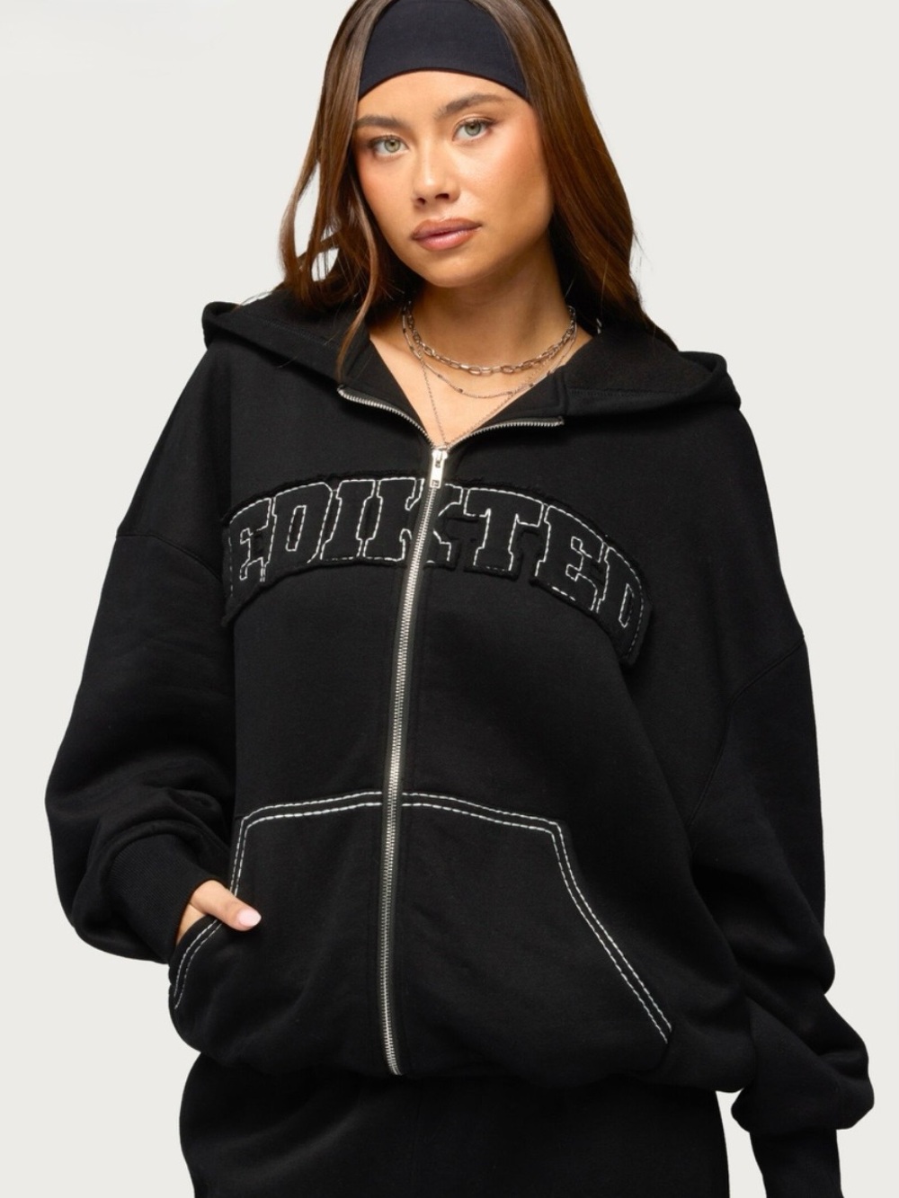 EDIKTED Black Full-Zip Hooded Sweatshirt with Contrast Stitching